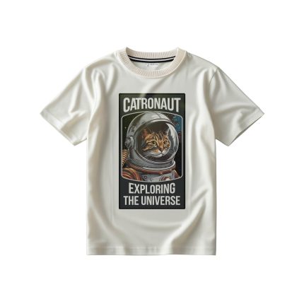 تیشرت سفید شیری با طرح گربه فضانورد