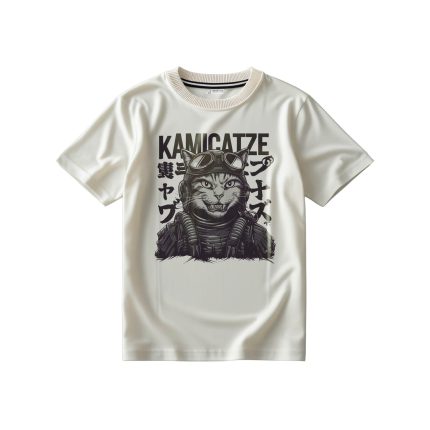 تیشرت سفید شیری با طرح گربه کامیکازه