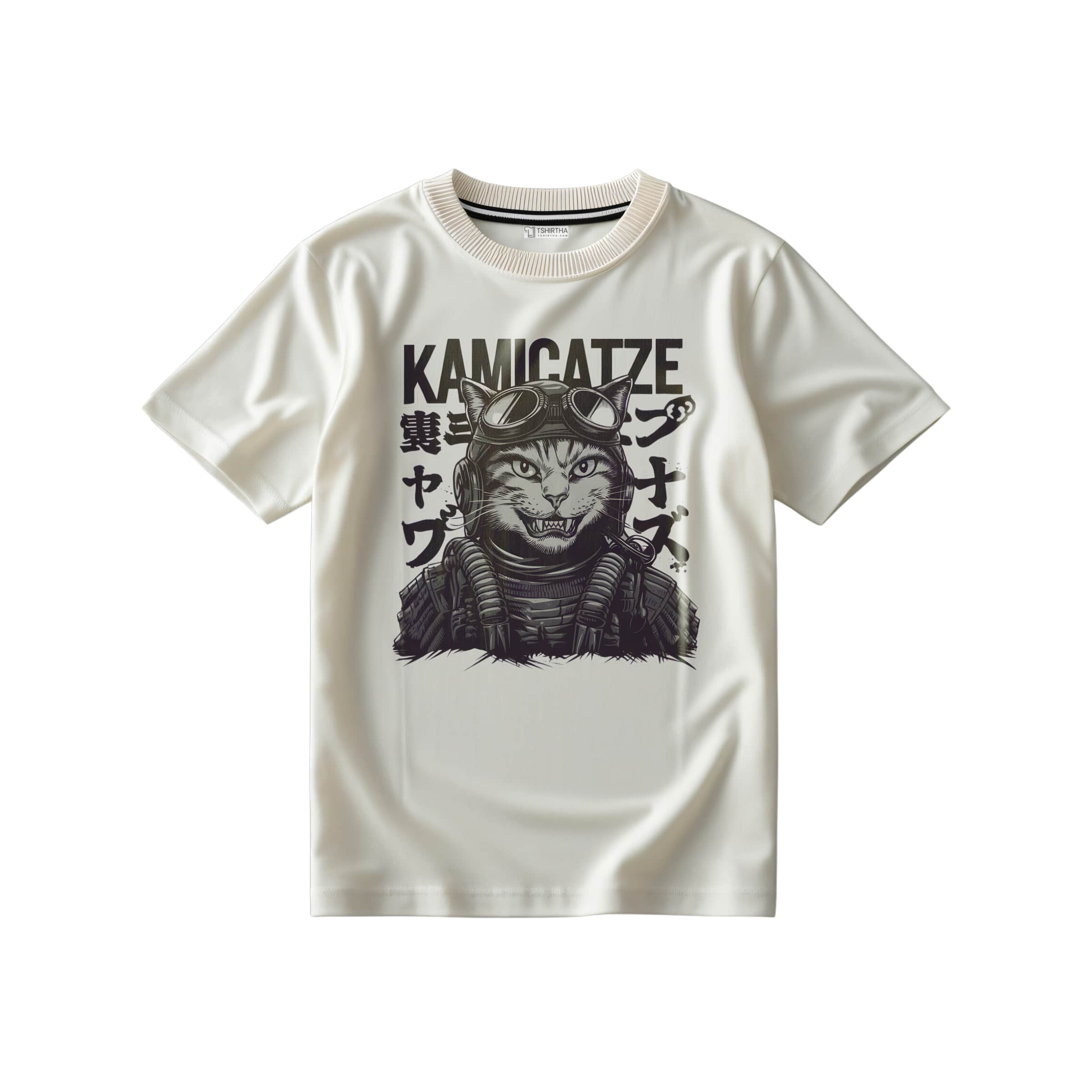 تیشرت سفید شیری با طرح گربه کامیکازه تیشرت سفید شیری با طرح گربه کامیکازه