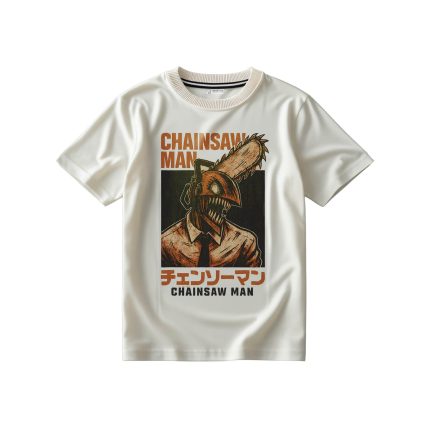 تیشرت سفید شیری با طرح انیمه چینسا من شخصیت دنجی